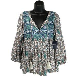 LUCKY BRAND Mix Print Blouse Sz S Multicolor Paisley VNeck Tassel Peasant Sleeve